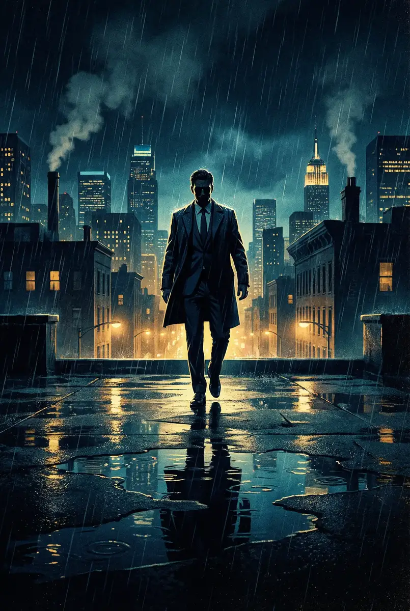氪金矿石哪里多 出品影片《雨夜独行者》海报，雨中城市屋顶男性剪影